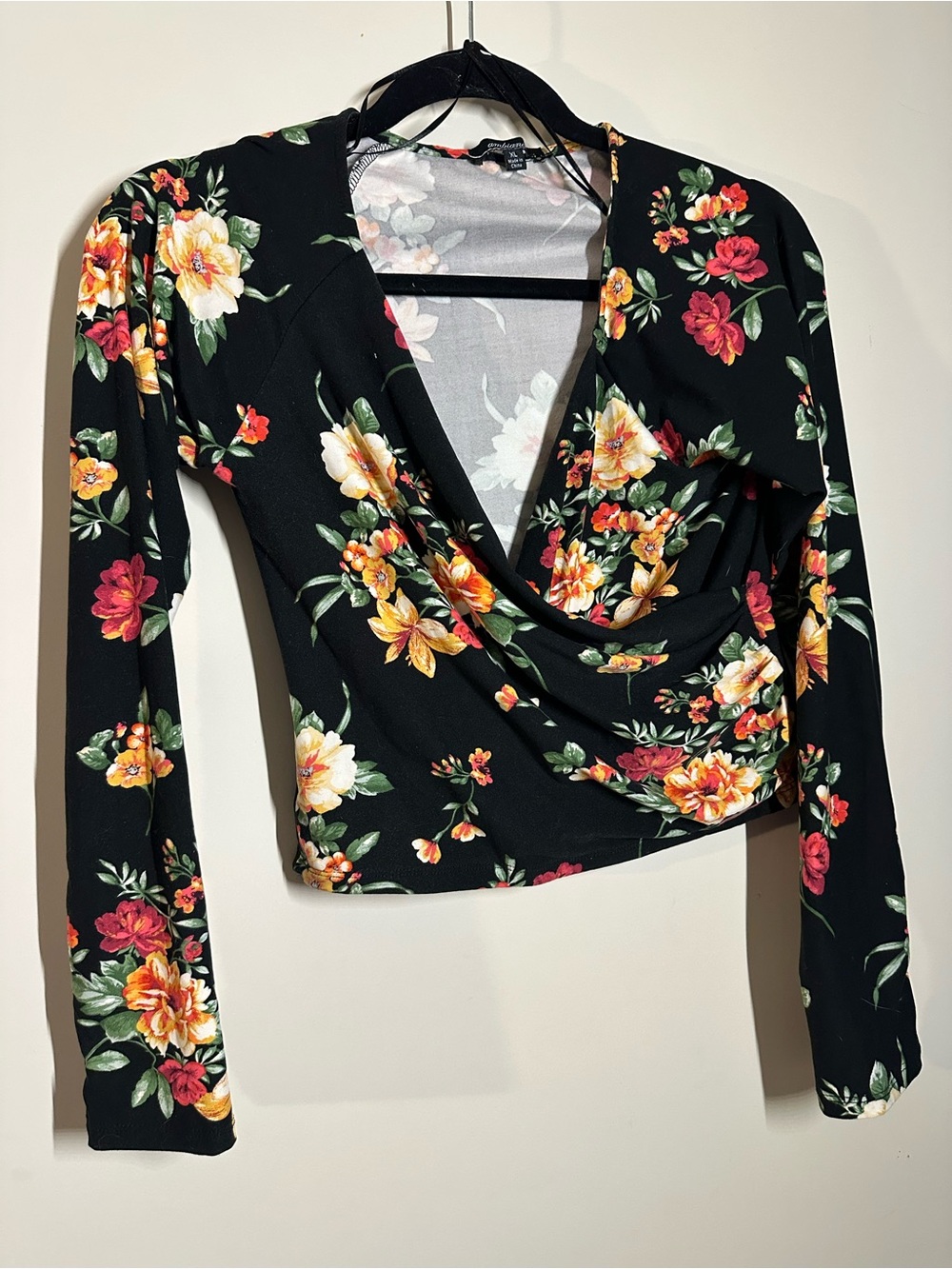 Ambiance Black Floral Wrap Blouse with Red and Yellow Blooms